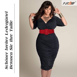 SUOSDEY Women's Patent Leather Belt, Fashion Wide Waist Belt Cinch Belt for Dress Coat with Square Buckle, C-red