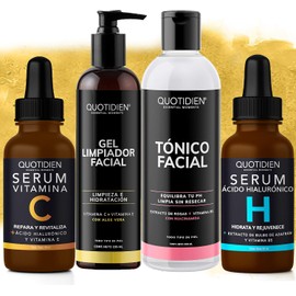 Kit 4 Pasos Quotidien: 1 Limpiador Facial 235 ml + 1 Tónico Facial 350 ml + 1 Serum Vitamina C 30ml + 1 Serum Ácido Hialurónico 30ml Skincare Kit con Ingredientes Naturales - Limpia Profundamente, Equilibra el Ph, Cierra Poros, Aclara, Mejora la Textura, 