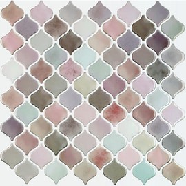 CHIHUT Arabesque Peel and Stick Backsplash 12''x12'' Waterproof Oil Proof Blush Pink Lavender Mottled Marble Self Adhesive Wall Tiles Removable Glossy Stick on Backsplash for Kitchen Bathroom 6 Sheets