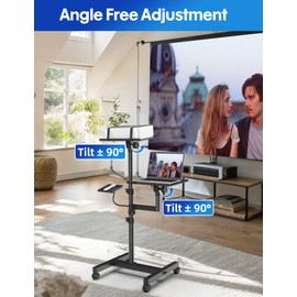 ORWOD Projector and Laptop Stand Tripod, 2 Shelves Mobile Laptop Tripod Stand, Max 47" Height Adjustable Laptop Cart on Wheels, Projector Floor Stand with Ventilated Tray for Podium, Meeting, Couch