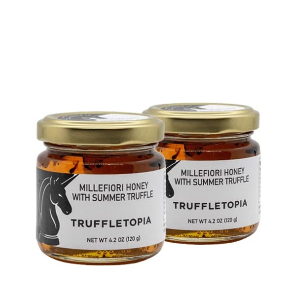 Truffletopia | Millefiori Honey with Summer Truffle | Wildflower Black Truffle Honey from Italy made for cooking, baking, spread, or sauce it is vegetarian | non-GMO, and gluten free | 4.2oz (Pack of 2)