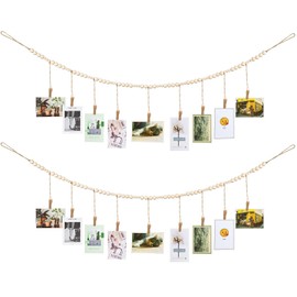 Wall Hanging Photo Display with Wooden Beads Garland 4 Feet Boho Collage Picture Frame DIY Picture Photo Frame Set with 9 Wood Clips for Rustic Country Home, Office Nursery Room Decoration(2 Pieces)