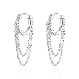 Small Huggie Hoop Earrings for Women Tassel Chain Hoop Dangle Drop Earrings Trendy Cubic Zirconia Earrings Gift (Silver-1)