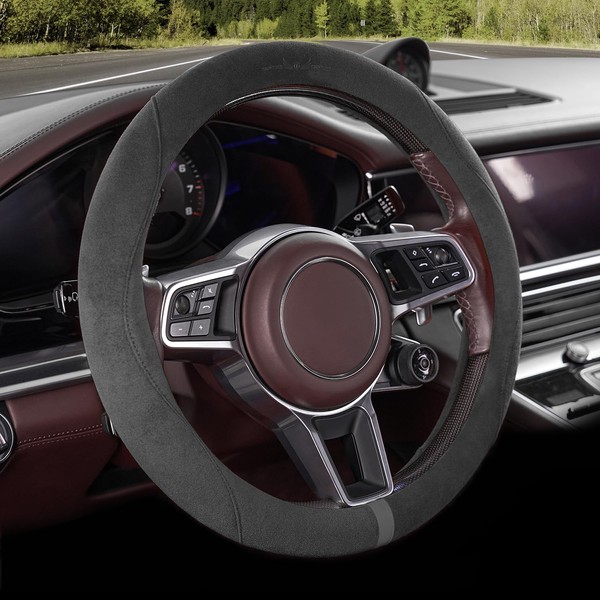 OURTIME Car Steering Wheel Cover, Universal 15 inch,Faux Suede Fabric，