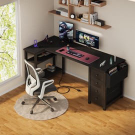 Lufeiya L Shaped Gaming Desk with Drawers & Storage Shelves, 47 Inch Reversible Corner Computer Desk with Power Outlet for Home Office Bedroom, L-Shaped Teen PC Desks with Fabric Drawer, Black