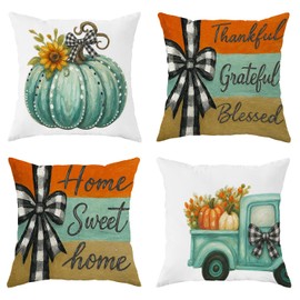 SEGXCFL Fall Pillow Covers 18 x 18 Set of 4 Velvet Pumpkin Floral Pillow Cover Blue and White Decorative Pillow Case Indoor Home Decor for Couch Bed Living Room Outdoor