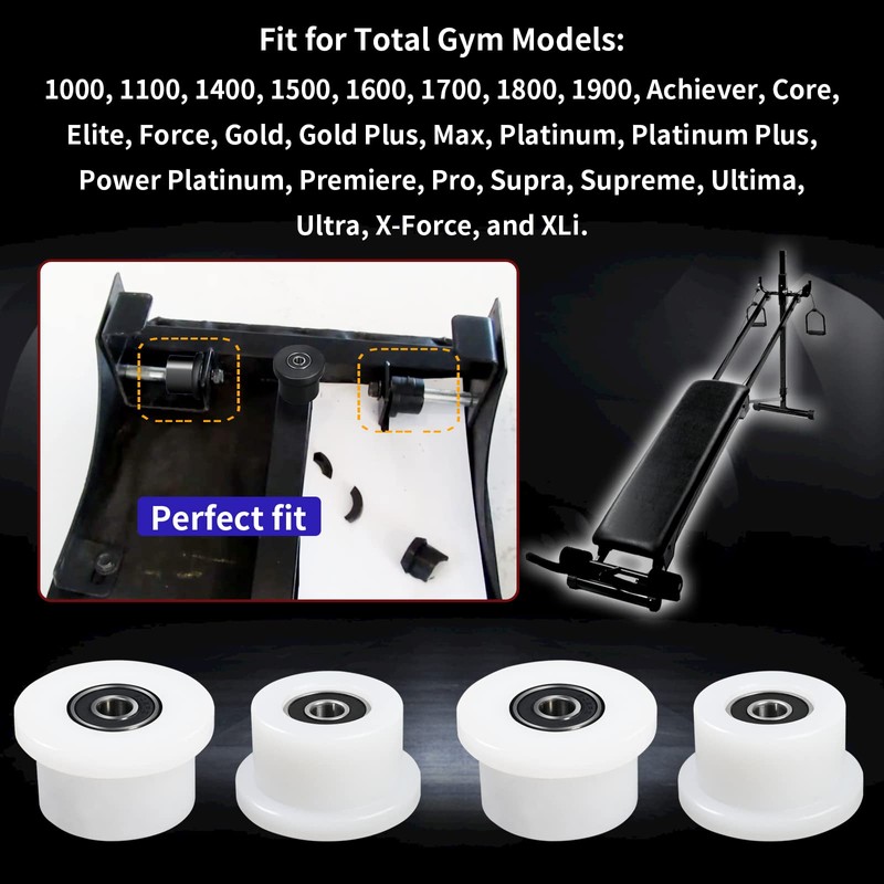 Qty.4 Machined Wheels/Rollers Compatible Total Gym Replacement, Fits Models 1000,1100,1400,1500,1600,1700,1800,1900,Achiever,Force,Gold,Max,Platinum,Platinum