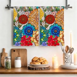 Oblivix Spring Boho Floral Kitchen Towels Colorful Dish Towels Decorative Set of 2, Retro Flower Tea Towel Hand Towel, Cute Cooking Baking Gifts for Women,Boho Kitchen Decor