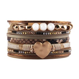 AZORA Leather Cuff Bracelet Multi Strands Beige Wrap Bangle with Pearl Boho Jewelry for Women Christmas Gift