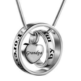 ENO Time Double Ring Cremation Urn Ashes Necklace No Longer by My Side,Forever in My Heart Carved Locket Waterproof Memorial Pendant(Grandpa)