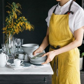Lino e Lina Full Apron, Manon Mimosa / A218 Apron, Cute, Simple, Natural, Placket Linen