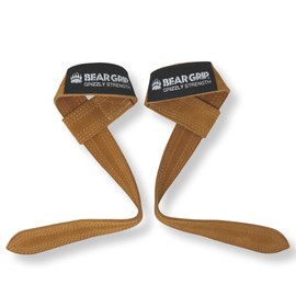 BEAR GRIP - Leather Weight Lifting Straps for Gym, Bodybuilding, Powerlifting, Crossfit and more (Camel Dual Ply, Padded)
