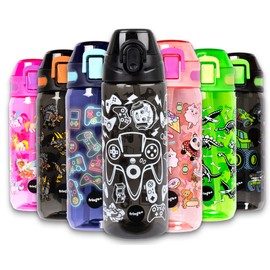 Fringoo - 600ml Kids Water Bottle with Straw & Fliptop Lock - 100% Leakproof - BPA Free 600ml Kids Water Bottle for School - Game On