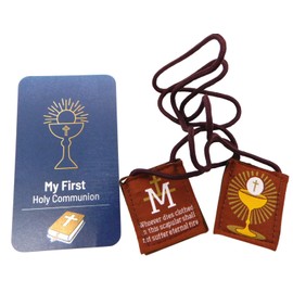 Westmon Works First Communion Scapular Set Traditional Brown Catholic Prayer Necklace with Holy Card Keepsake