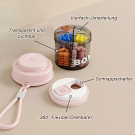 Auriselle Medikamentenbox Kleine Tablettenbox mit 4 Fächern Rund und Tragbar Medikamentendose Klein für Reise und Alltag Tabletten Aufbewahrung in Pillendose, Ideal für Wochendispenser, Rosa