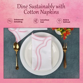 Scalloped Embroidery Cloth Napkins Premium Quality Table Decor Spring and Summer 100% Cotton Reusable Washable Napkin -18 x 18 inch (White Napkin with Blush Pink Edges, Pack of 4)