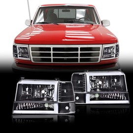 PIT66 LED Headlight Assembly w/Corner Signal Bumper Lamps, Compatible with 1992-1996 Ford F150 Bronco F250 F350 HeadLamps Clear Lens Black Housing Clear Reflector