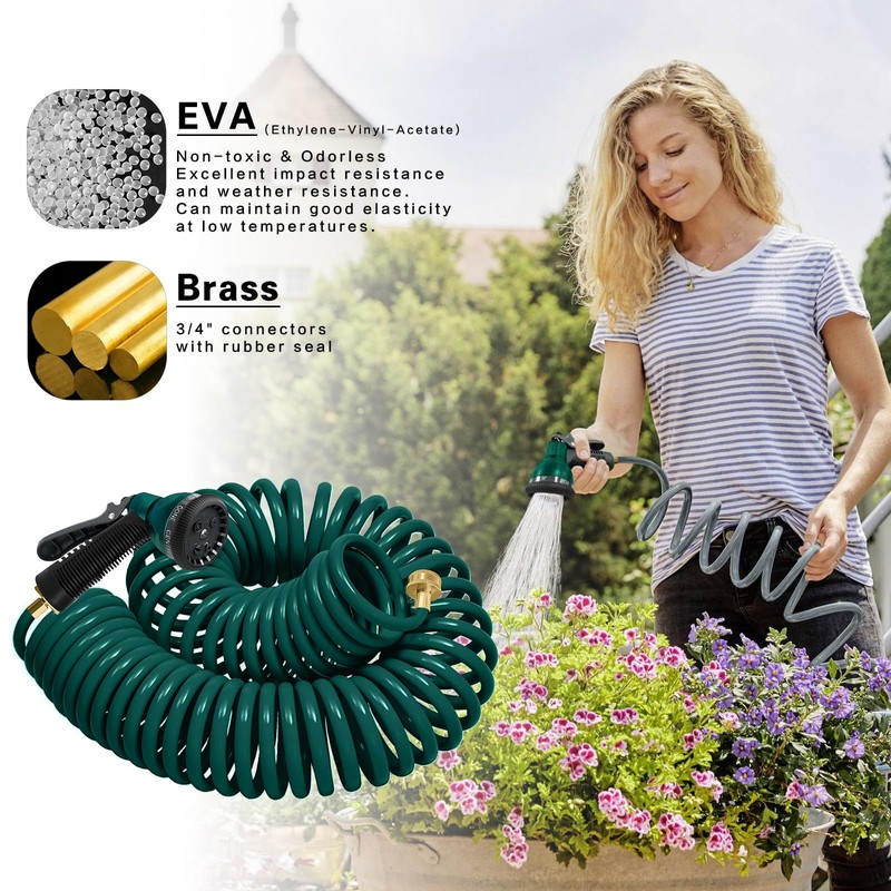 Coil Hose 25FT EVA Coil Garden Hose With 3/4'' Brass
