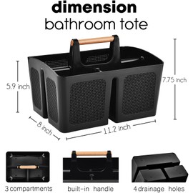 ALINK Portable Shower Caddy Basket with Compartments, Plastic Divided Cleaning Caddy Organizer Storage Tote with Handle for Bathroom, College, Dorm Room Essentials, Black