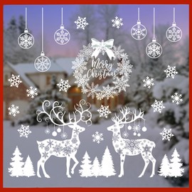 Mfault Merry Christmas Reindeer White Window Clings 4 Sheets, Xmas Tree Wreath Ornament Ball Snowflake Stickers Decals Decorations, Winter Holiday Home Kitchen Decor