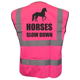 Equestrian HORSES SLOW DOWN Hi Viz Vis Vest Horse Riding Reflective Waistcoat Jacket Road Safety Visibility Pink X-Large