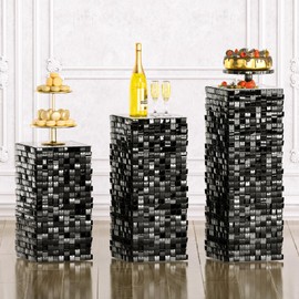 Qcity Black Shimmer Pedestal Stands for Party Set of 3, Square Sequin Shimmer Display Stands, Perfect for Outdoor Events, Birthdays, Wedding and Party Decoration