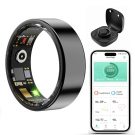 Smart Wellness Ring, Stylish Fitness Tracker with Heart Rate, Blood Oxygen, Blood Pressure, Sleep & Step Monitor. IP68 Waterproof, No Subscription, iOS & Android Compatible (Black, 9)