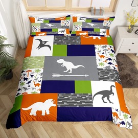 Dinosaur Printed Bedding Set Twin Size for Kids Boys Bedroom,Colorful Grid Bed Duvet Cover Set,Dinosaur Silhouette Comforter Cover Arrow Decor 2 Pieces 1 Duvet Cover with 1 Pillowcase No Comforter