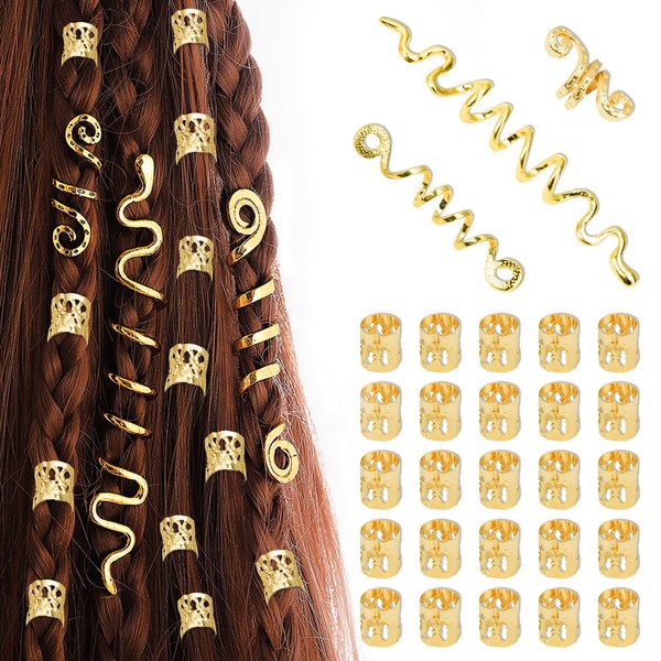 Spiral Dreadlocks Hair Beads Metal Hair Cuffs Hair Braid Rings Clip Pendants Long Hair Cuffs Braiding Decoration For Gril Women Men Hip Hop Party Music Festival (Gold)