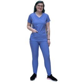 ANGIE UNIFORMS YOGAFLEX Jogger Scrubs for Women Set. Regular and PETITE. Side Spandex 2 Pockets Top with Yoga Waist Joggers. PETA410 (CEIL, L PET)