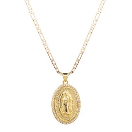 yipima 14K Gold Plated Guadalupe Virgin Mary Oval Pendant Necklace for Women Men Zircon Inlay Virgin Mary 3mm Flat Figaro Chain Necklace