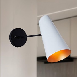 Elegant Mid-Century Modern Metal Sconce, Mid-Century Modern, Metal, Elegance, Streamlined Design, Wall Lights for Living Room (Black Pole with Ivory, Medium)