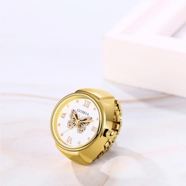 JewelryWe Ring Watch Finger Watch Elastic Butterfly – Women's Analogue Quartz Finger Ring Watch Ring Watch Ring with Butterfly Roman Numerals Dial and Silver/Gold Alloy Elastic Band, Gold-black,