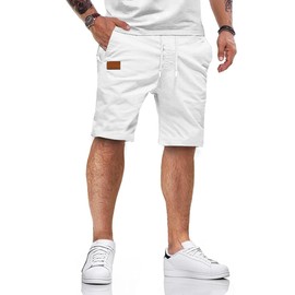 Hmiya Men's Summer Chino Shorts, Cotton, Elastic Waist with Pockets, White