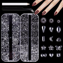 Snmzlc 2 Boxes mini Nail Art Rhinestones Multi Shape Nail gem Design Charm 3D Star Heart Water Drop Butterfly Moon Square Diamond Transparent Gray Mix DIY Acrylic Nail kit US278 (Transparent Gray)