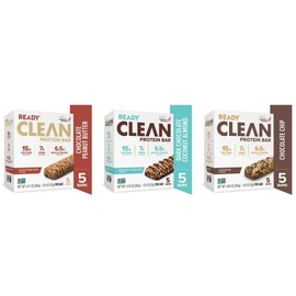 Ready Clean Protein Bars, Variety pack, Chocolate Peanut Butter, Chocolate Chip, Dark Chocolate Coconut Almond, 5 servings per case, total 3 cases/15 individual servings.