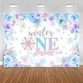 Mocsicka Winter Onederland Backdrop for Girls' Snowflake 1st Birthday Winter Wonderland Party Decoration Blue Silver Banner Photo Booth Props (Purple, 7x5ft)