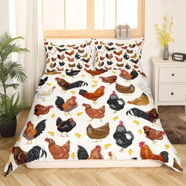 Chicken Comforter Cover Set, 135 x 200 cm, Rustic Rooster Hen Duvet Cover for Teen Adults, Bedroom Decor, Farm Animals Bedding Set with Zip Closure, 1 Pillowcase, Orange, Black, White