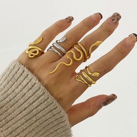 FuYuland Serpent Ring - 18K Gold Adjustable Snake Jewelry - Ouroboros & Caduceus Gift - Hypoallergenic US 6-9（STYLE-1）