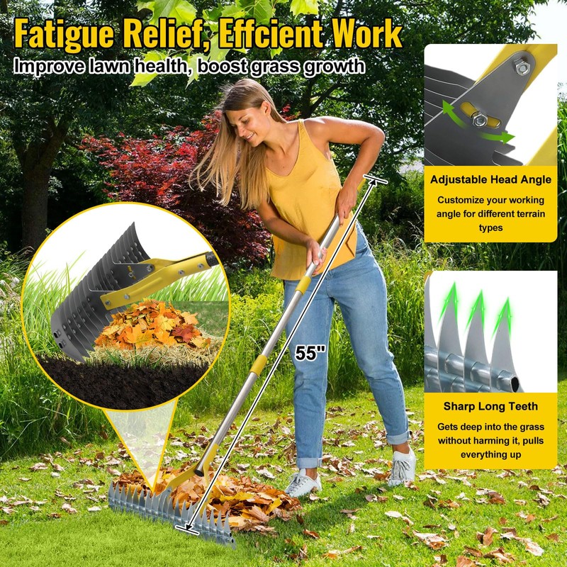 Thatch Rake, 2 in 1 Stainless Steel Garden Rake for