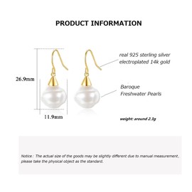 Bellitia Jewelry Pearl Earrings Silver Dangle Earrings Women's Gold-Plated Silver 925 Drop Hook Earrings with Pearls Pearl Earrings Hanging with Real Freshwater Pearls, Sterling Silver, Pearl