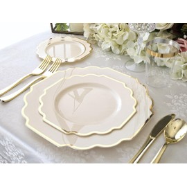 " OCCASIONS " 240 Plates Pack (120 Guests) Heavyweight Wedding Party Disposable Plastic Plates Set -120 x 10.5'' Dinner + 120 x 8'' Salad/Dessert Plate (Imperial Ivory & Gold)