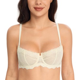 Lemorosy Women's Dirndl Bra with Underwire Push Up Lace Balconette Bra Half Cup Transparent Bra, beige, 85B