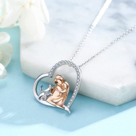 TANGPOET Cat Necklace 925 Sterling Silver Cat and Girl Pendant Valentine's Day Jewellery Gifts for Women Ladies, Sterling Silver, Cubic Zirconia