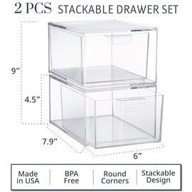 STORi Audrey Stackable Clear Bin Plastic Organizer Drawers | 2 Piece Set | Organize Cosmetics and Beauty Supplies on a Vanity | Made in USA