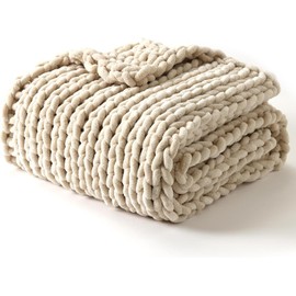 YnM Chunky Throw Blanket, Hand Knitted with Chenille Yarn, Skin Friendly, Ventilated and Breathable, Machine Washable, Home Décor Piece for Couch, Sofa and Bed (Butter Cream, 40x50 Inch)
