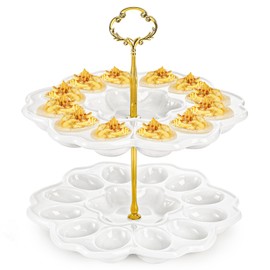 Peohud 2 Tier Deviled Egg Platter, 24 Holes Deviled Egg Tray Container, Detachable Ceramic Easter Egg Holder for Kitchen Countertop, Party, Microwave Dishwasher Freezer Safe