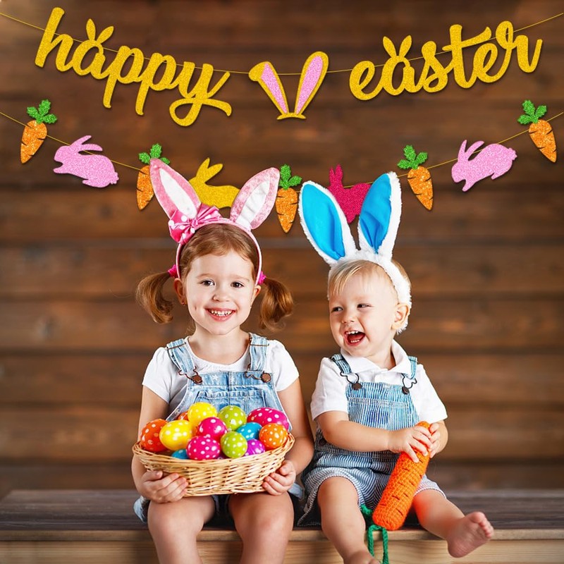 Easter Decorations Happy Easter Banner Carrot Bunting Photo Backdrop for