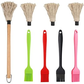 YOKIOU 18in Grill Basting Mop BBQ Mop Brushes for Sauce with 3 Extra Replacement Cotton Fiber Basting Mop Heads and 4 pcs Silicone Basting Pastry & BBQ Brush Set