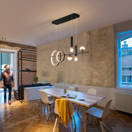 Siittoo Modern Chandeliers for Dining Room, Dimmable Led Linear Pendant Light with Remote Control, Black Gold Pendant Lighting Hanging Light Fixtures for Kitchen Island, Dining Room, Living Room (48W)